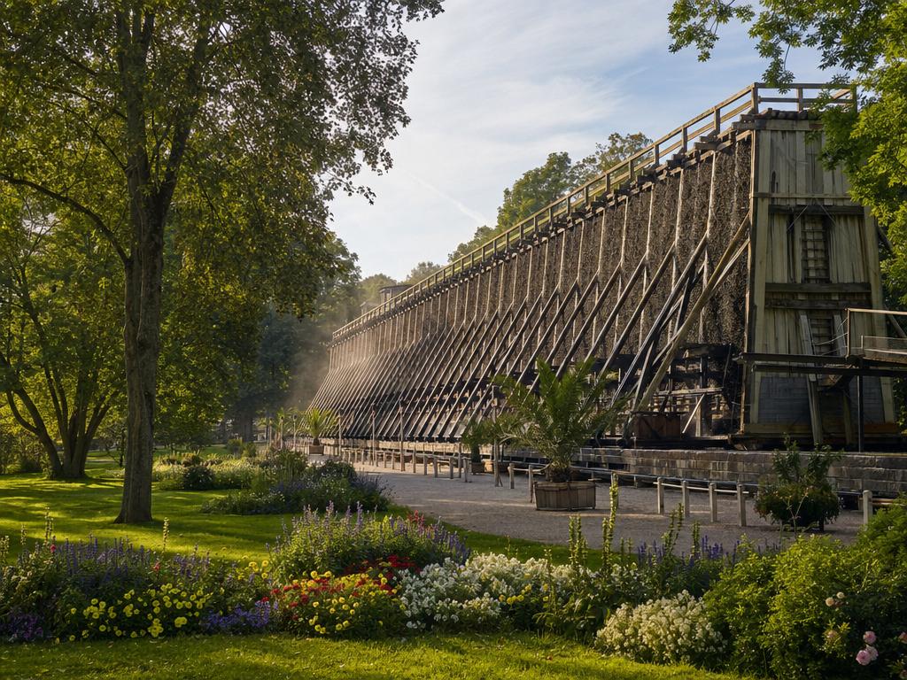 Historisches Gradierwerk im Kurpark Bad Salzuflen mit blühenden Blumenbeeten im Vordergrund