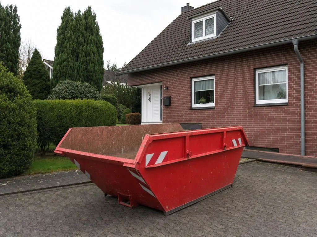 Rote Absetzmulde von H. + P. Hirschhorn vor einem Wohnhaus in Herford