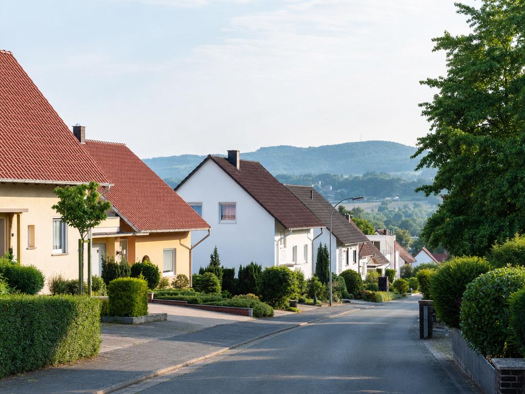 Wohnstraße in Löhne mit Einfamilienhäusern aus den 60er- und 70er-Jahren und Blick ins Werretal